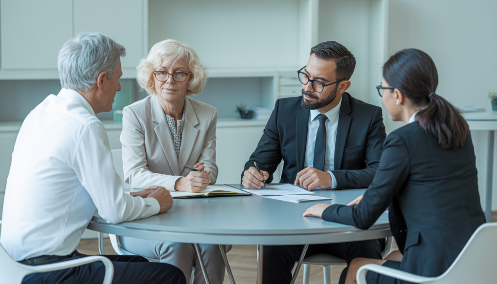 A modern office with several people, including an elderly couple, discussing paperwork around a large table in a professional and calm setting.