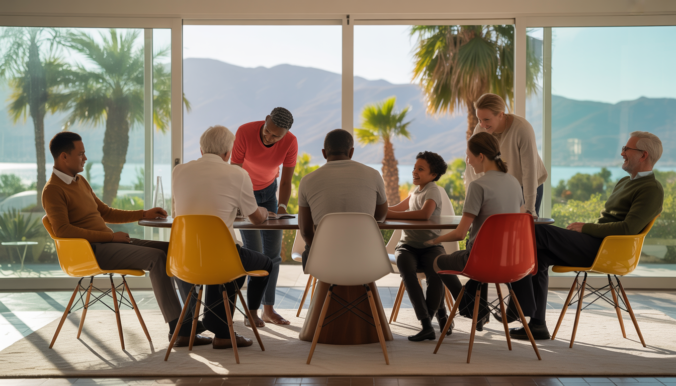 A diverse family discussing estate planning around a modern table in a sunlit room with mid-century furniture, palm trees, and mountains visible through large windows.
