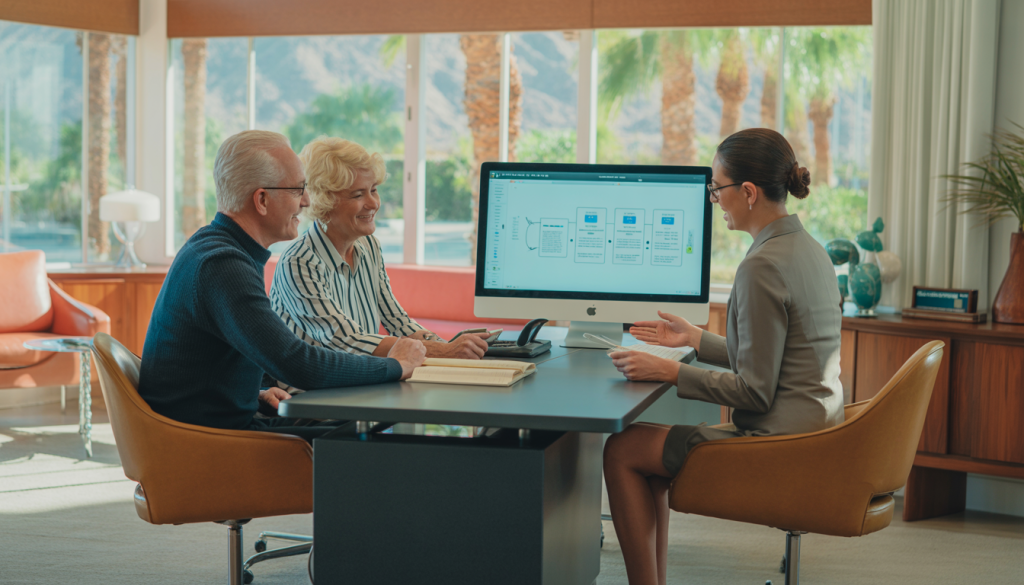 A same-sex senior couple in a mid-century Palm Springs office, discussing estate planning with a document specialist, with a flowchart on a computer screen.