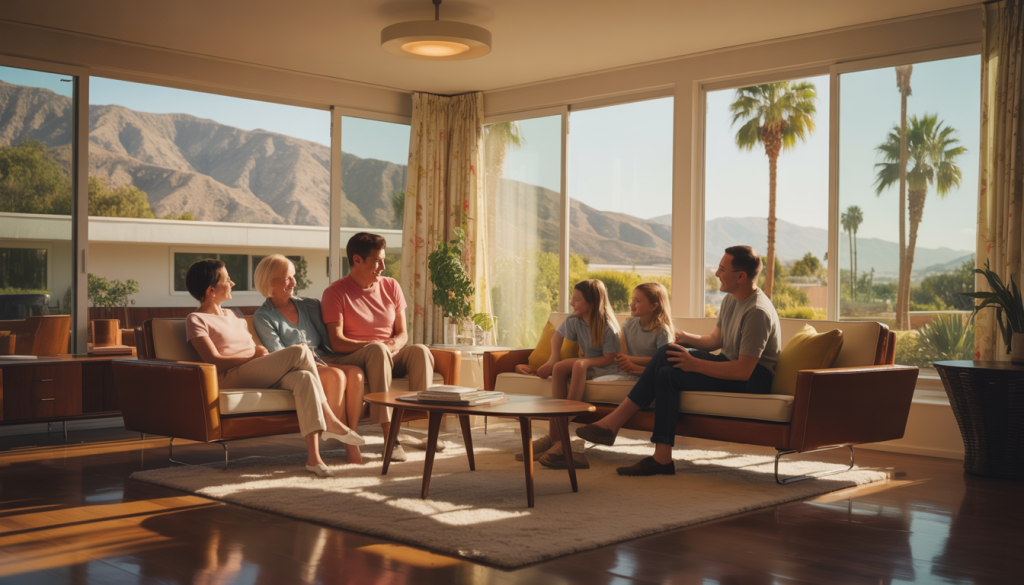 A multi-generational family enjoying a cozy moment in a mid-century Palm Springs style living room, symbolizing harmony and security.
