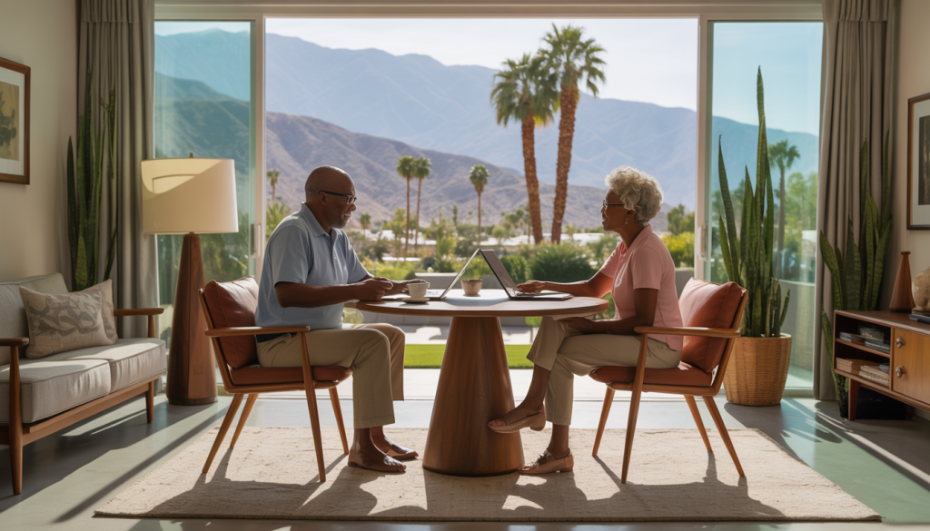 Black elderly couple at a mid-century modern table with estate planning documents and a laptop, in a sunlit room with Palm Springs style decor and a view of a California desert landscape.