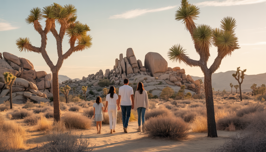 A family walking through Joshua Tree National Park, surrounded by Joshua trees and rocky terrain, under a clear sky, symbolizing trust and security.