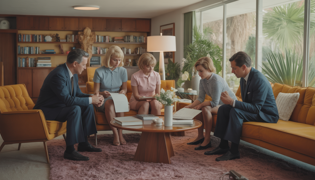 A family in a 1960s Palm Springs living room, reviewing documents with a professional, highlighting a supportive probate process.