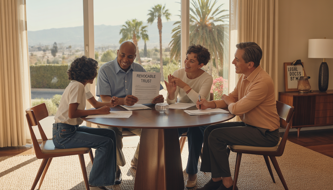 A diverse family sits around a table discussing estate planning with documents labeled 'Revocable Trust' and 'Legal Docs by ME'. The room is sunlit, showing a California landscape with palm trees outside, and features mid-century modern furniture.