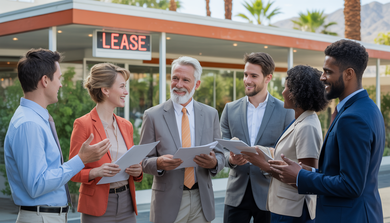 A diverse group, including a senior citizen, discussing LLC formation in front of a mid-century Palm Springs style restaurant with a 'Lease' sign, symbolizing client support.