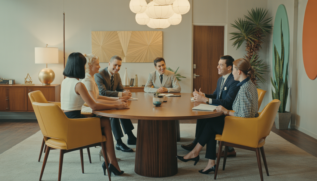 A diverse group of people in a mid-century modern office in Palm Springs, receiving document-preparation assistance around a conference table.
