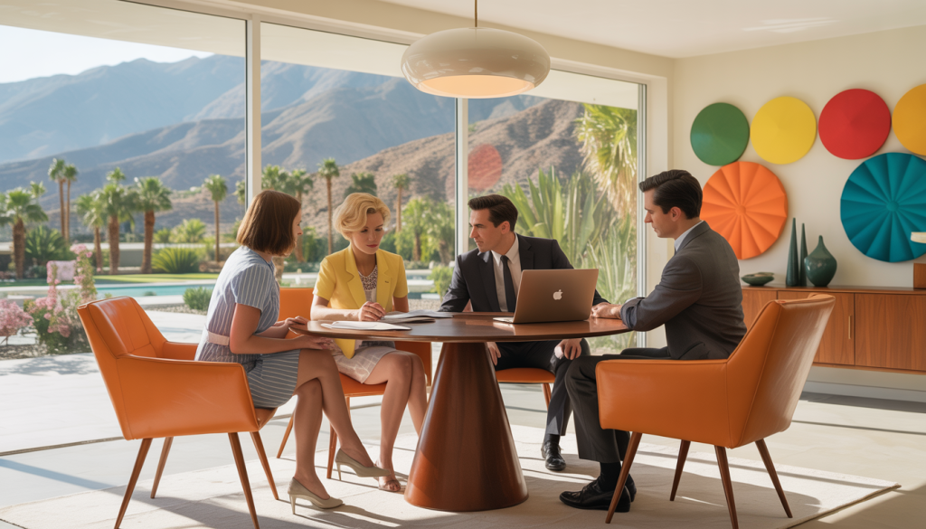 A family sits around a mid-century modern table with papers and a laptop, in a Palm Springs style home with large windows and desert views, symbolizing support through probate without a will.