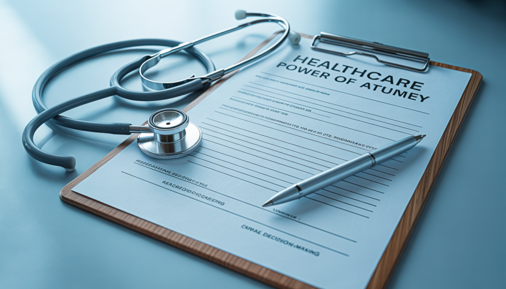 A healthcare power of attorney document with a stethoscope and pen, symbolizing medical decision-making.