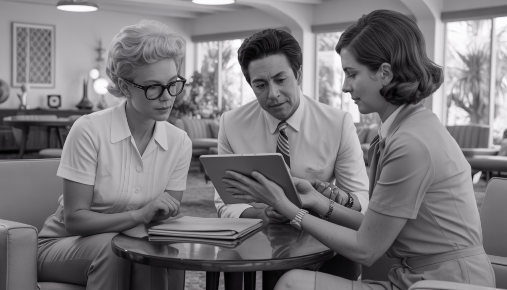 A 1960s black and white photo of a diverse consultant helping an elderly couple with estate planning in a mid-century modern Palm Springs office.
