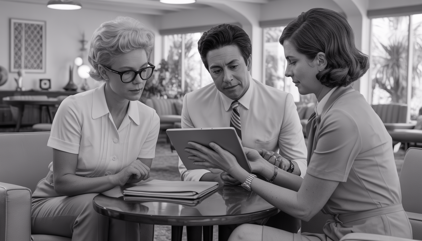 A 1960s black and white photo of a diverse consultant helping an elderly couple with estate planning in a mid-century modern Palm Springs office.