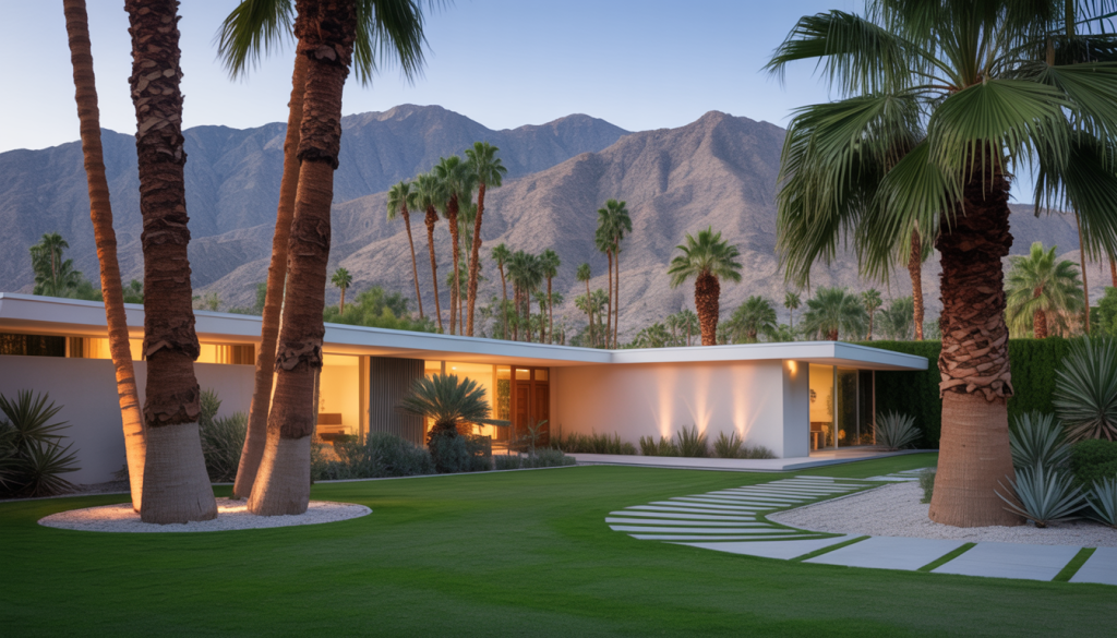 A mid-century modern house in Palm Springs, California, with palm trees, symbolizing secure real estate in a living trust.