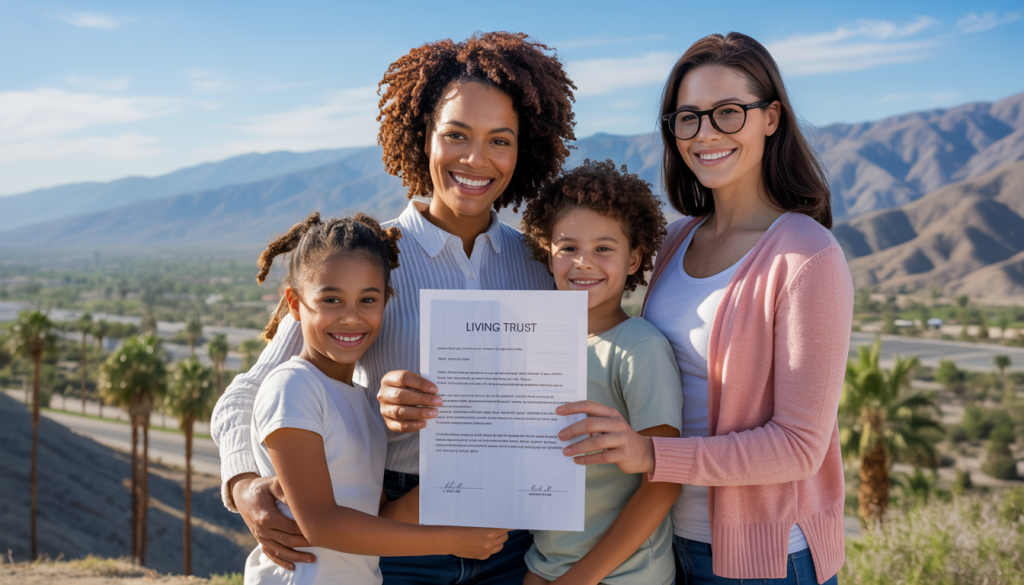 A black woman and a white woman with two children, holding a 'Living Trust' document, standing on a scenic overlook of Coachella Valley with mountains and palm trees in the background.