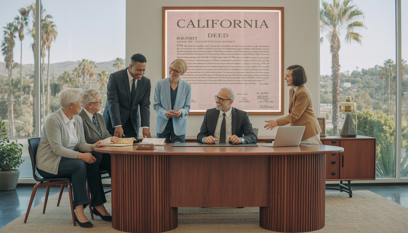 A diverse group of people, including seniors, discussing property documents in a modern office with a large wooden desk, scenic palm trees visible through large windows.