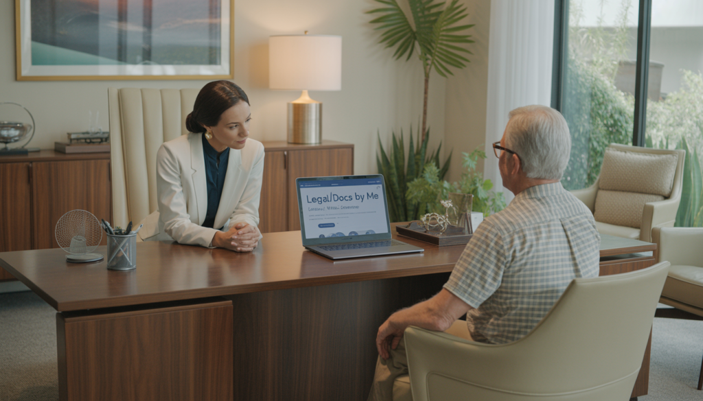 In a mid-century modern office, a professional document preparer sits at a desk facing a senior couple, showing them the Legal Docs by ME website on a laptop, highlighting ease and support.