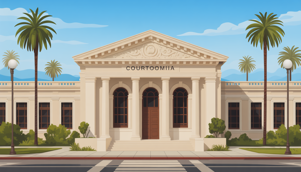 An illustration of a California courtroom exterior with palm trees and blue skies, representing a welcoming probate process.