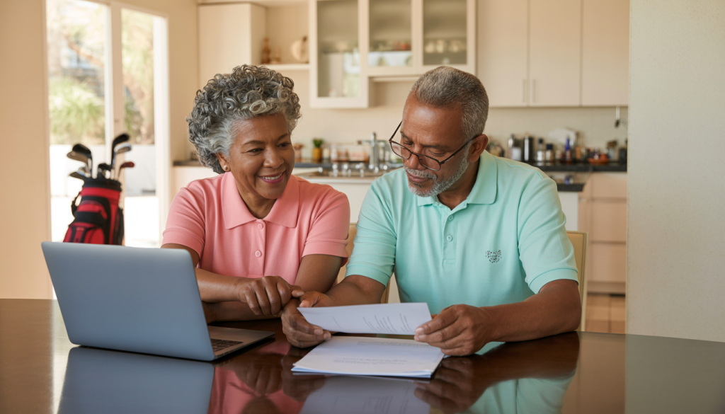 An African American senior couple at a kitchen table in a mid-century Palm Springs home, reviewing documents with a laptop displaying the Legal Docs by ME website. A bag of golf clubs is in the corner.