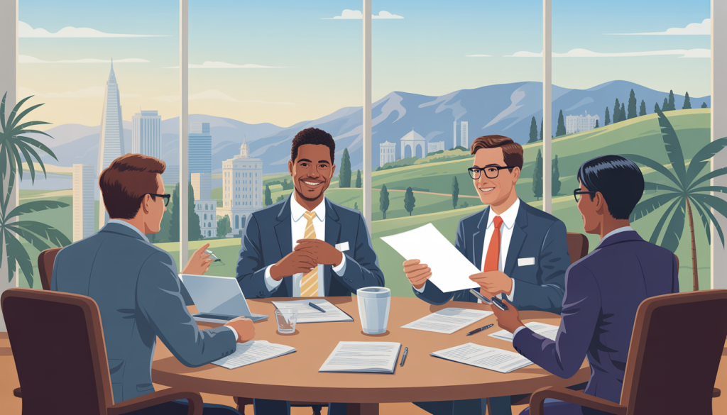 Entrepreneurs in a business meeting with California landscape visible through the window.