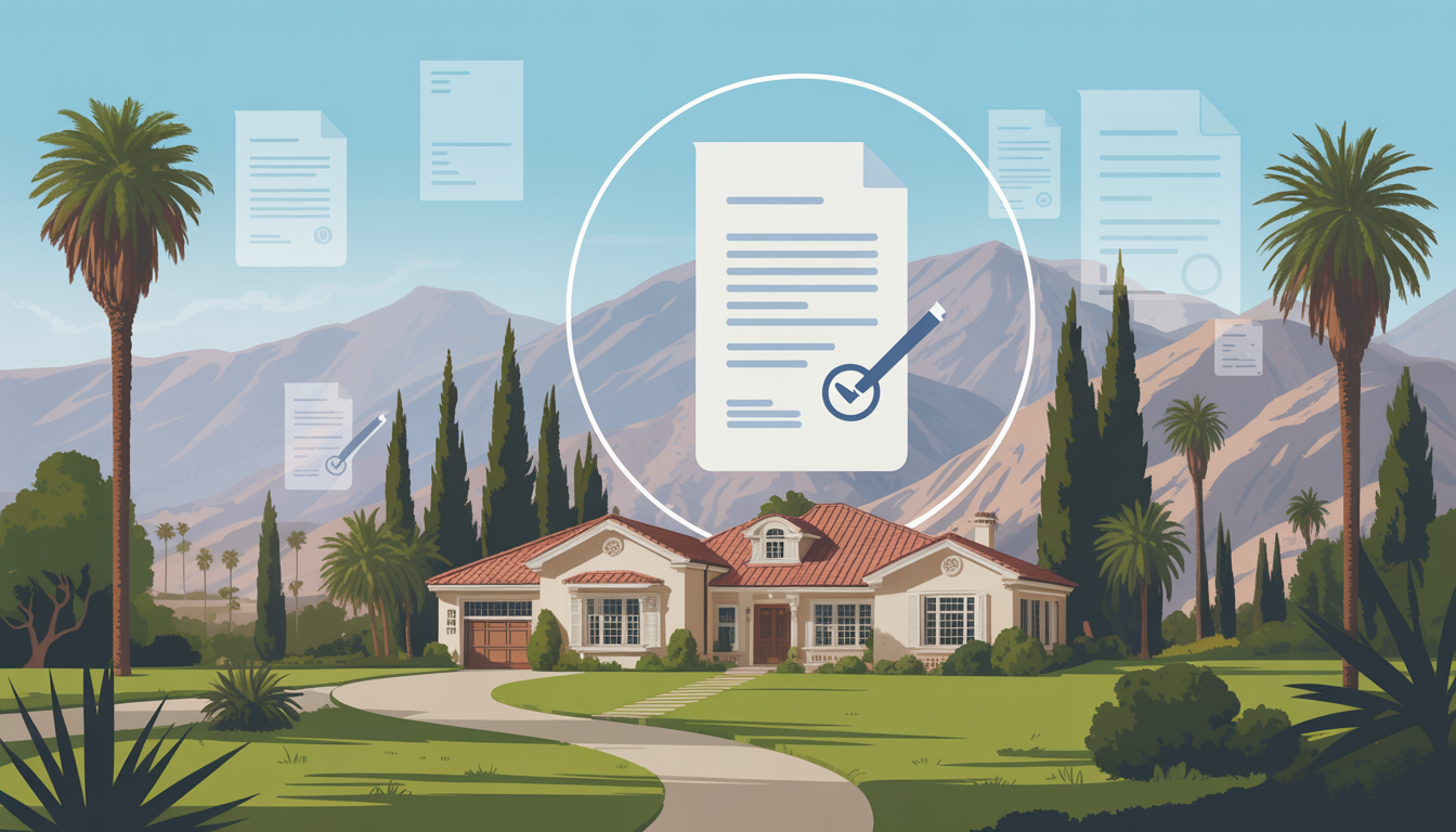 A scenic view of a California estate with palm trees, mountains, and legal document icons.