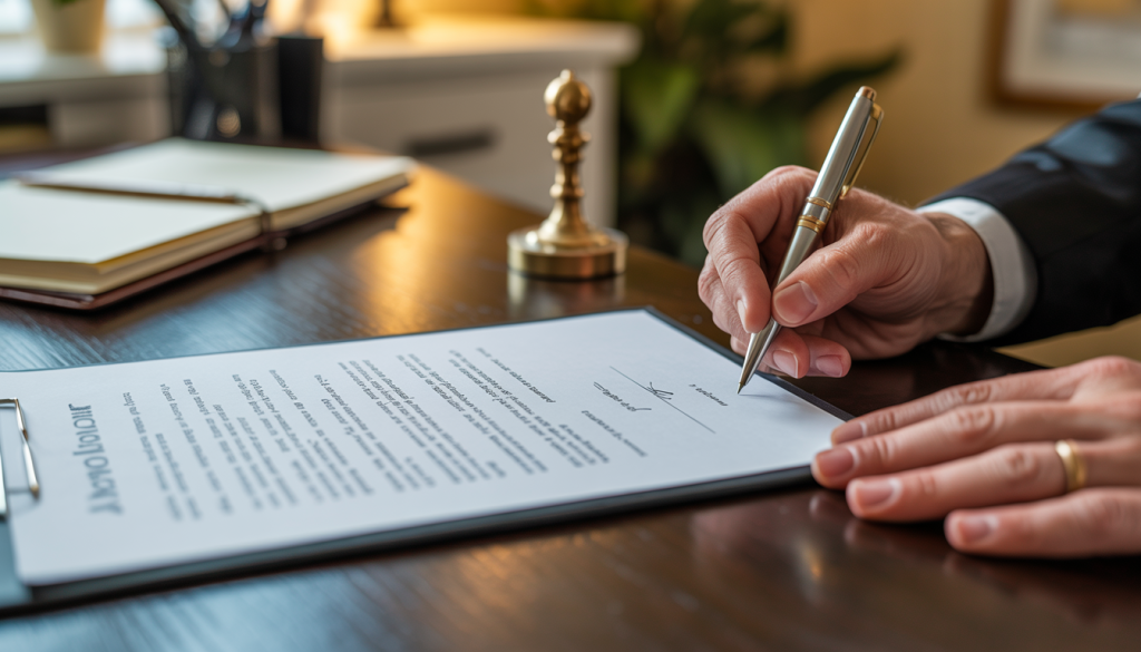 Hands signing a Power of Attorney document in a notary office, with a notary seal visible on the table.