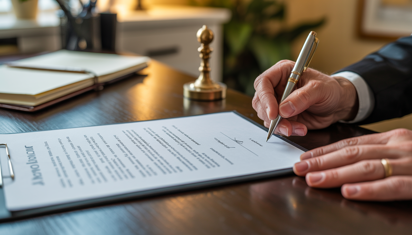 Hands signing a Power of Attorney document in a notary office, with a notary seal visible on the table.