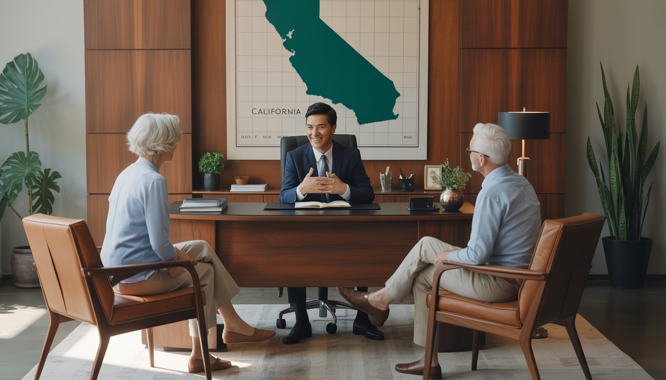 A professional guide assisting a senior couple with will preparation in a mid-century modern office, featuring a wooden desk, elegant chairs, and a California map on the wall.