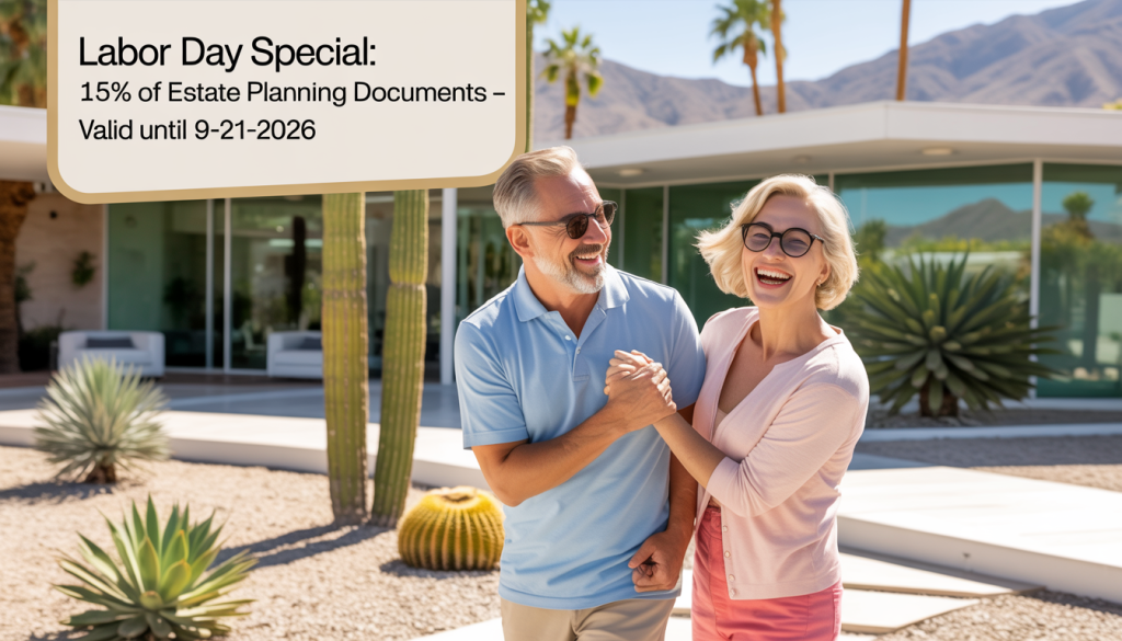 A happy mature couple of diverse backgrounds in a Palm Springs mid-century modern setting, celebrating their estate planning success, with a banner for a Labor Day Special offer.