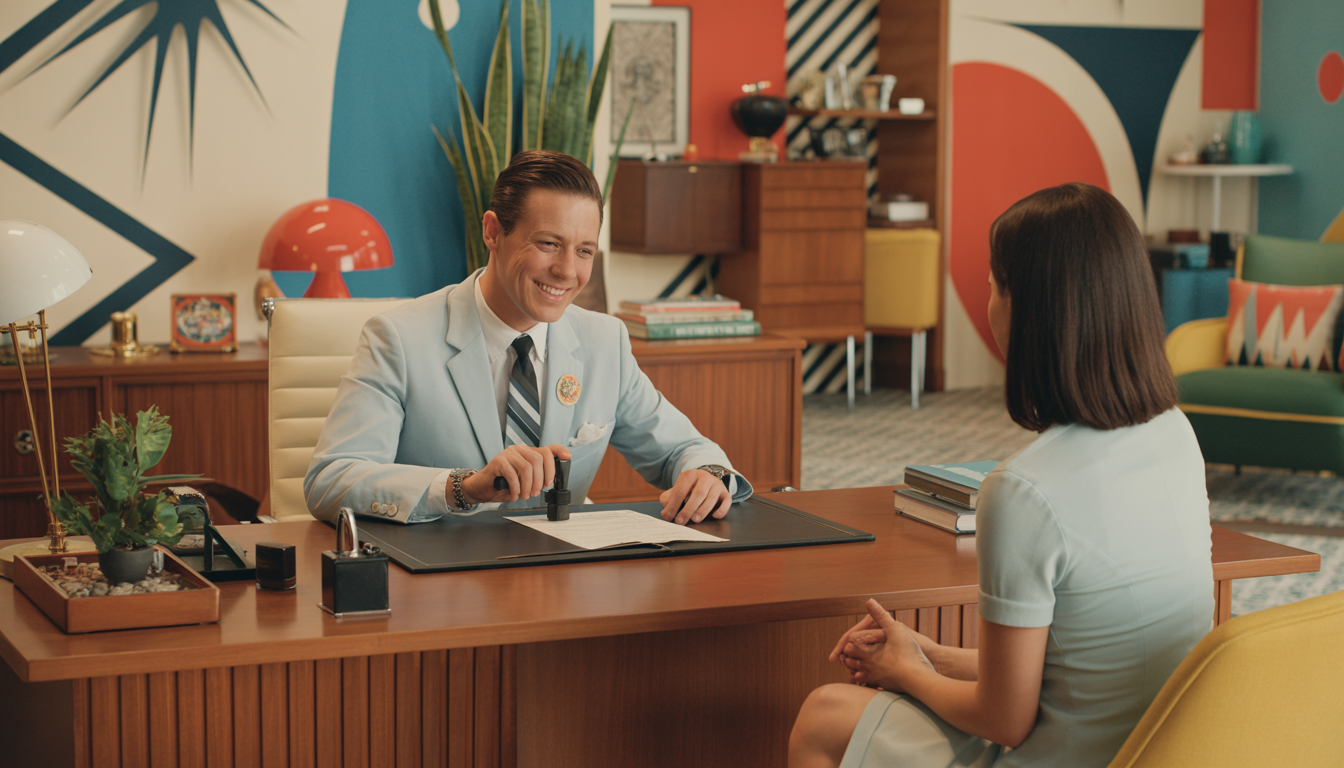 A notary public in a mid-century modern styled office stamps a deed document while a customer sits across, highlighting the supportive role of notarization in real estate.